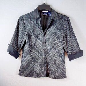 DCC Stretch Fitted Shirt Black Chevron Gray Pin Stripe Silver Thread 3/4 Sleeve